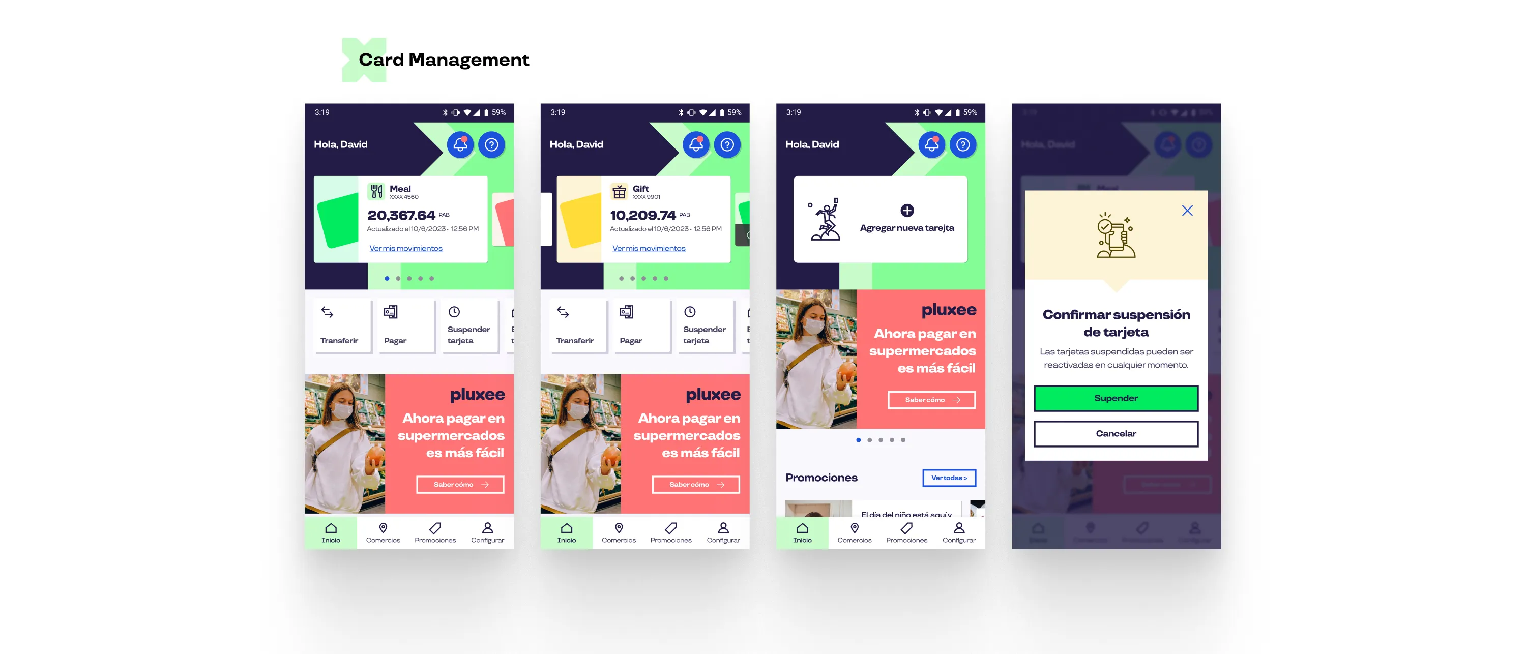 Multiple screens for the Home and Card Management flow